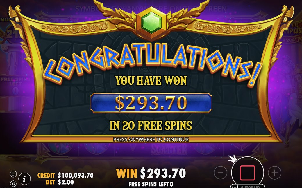 Win screen after a tumble sequence with multiplier